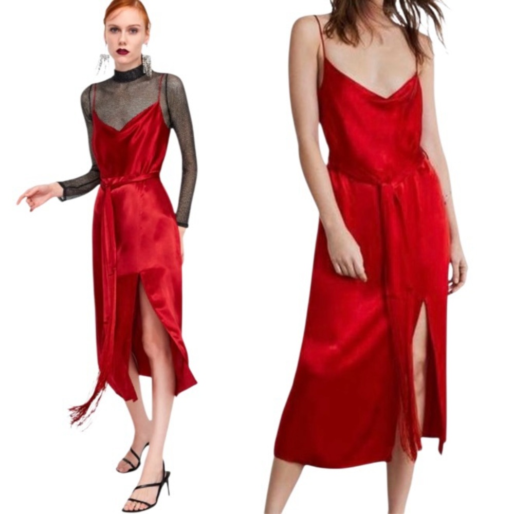 ZARA Basic Red Lingerie-Style Satin Feel Dress With‎ Fringe Belt, Slit Size S